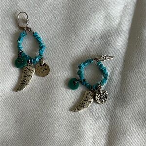 Turquoise Chip Hoop Earrings with Silver Charms